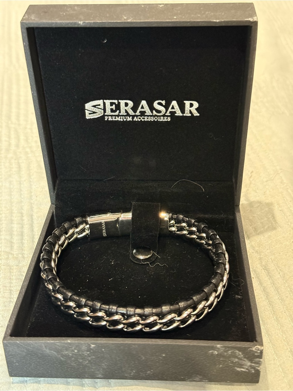 Serasar Black Braided Leather & Stainless Steel Men's Bracelet
